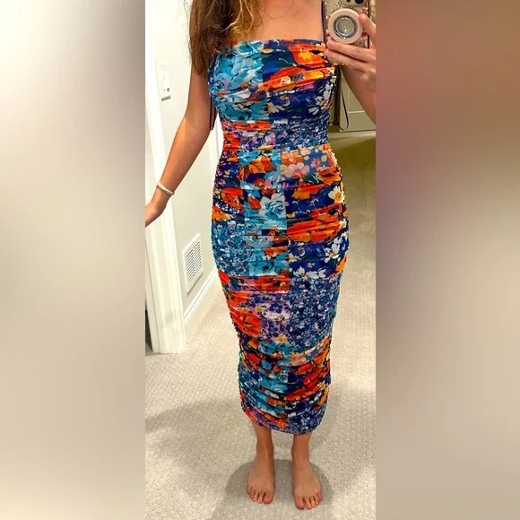 NWOT AFRM Floral Printed Ruched Mesh midi Dress - size Small - Picture 1 of 4